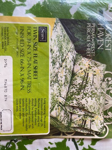 New Old Stock sears twin flat sheet forest haven. Green Leaves & Tree pattern - Picture 4 of 5