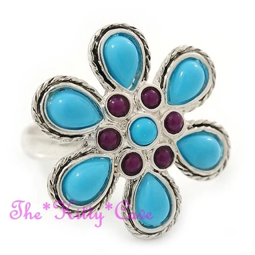Anillo de flores de margarita floral de plata turquesa y violeta shabby boho elegante retro étnica Foto 3 de 4