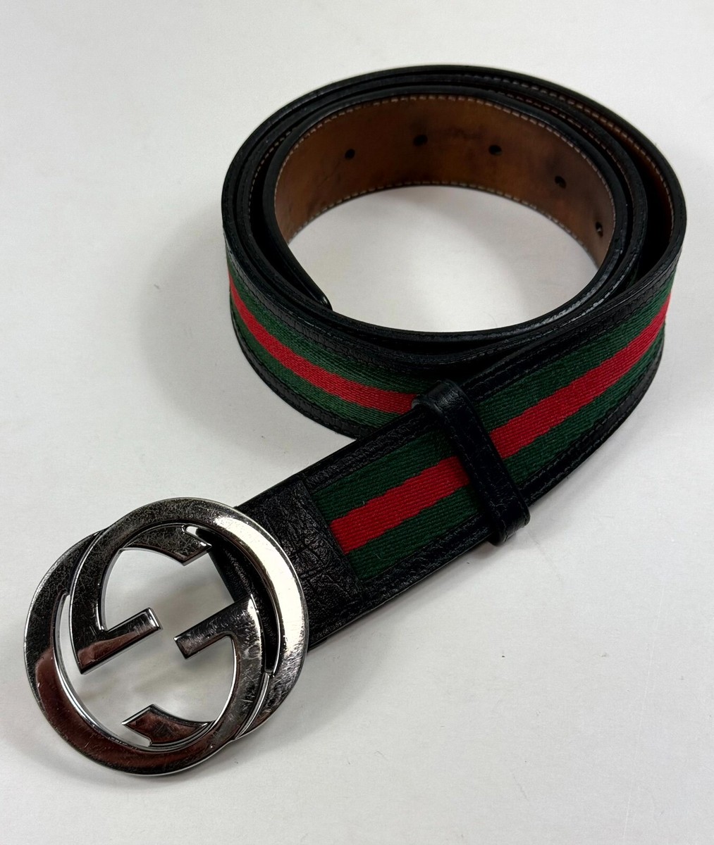 Gucci Web Green/Red Stripe GG Interlocking Men Leather Belt Size 