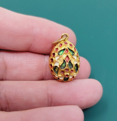 Vintage gold toned Egg shaped multi-colored Enamel Pendant