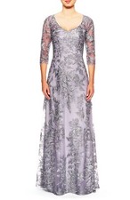 La Femme Floral Embroidered Mesh A-line Gown Sz 10 Silver Mrsp 508