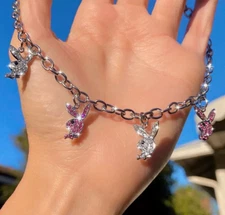 Playboy Bunny Rabbit Necklace,  Stainless Steel Choker Chain - Pink, Women, Girl