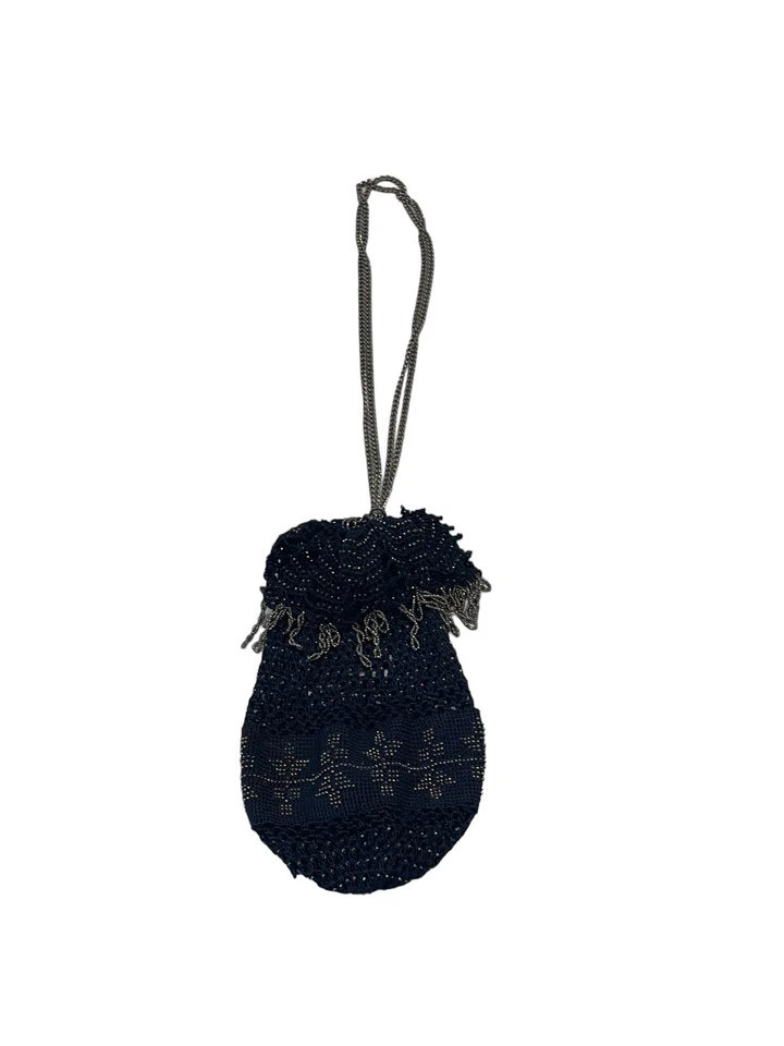 Cartera vintage Art Deco con borla de micro cuentas de metal de ganchillo negro Foto 2 de 4