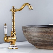 Deck Mount Golden Bathroom Basin Faucet Brass Single Hole Swivel Sink Mixer Tap