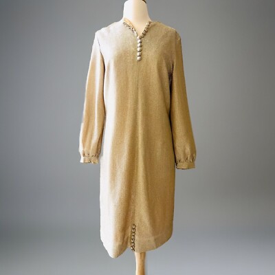 Vintage 60s Gold Lurex Shift Dress Collar Button Long Sleeve M/L | eBay