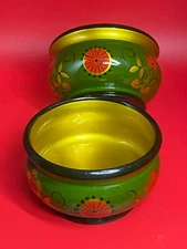 2 Vintage Russian Lacquer Khokloma Wood Bowls, 5" Diameter