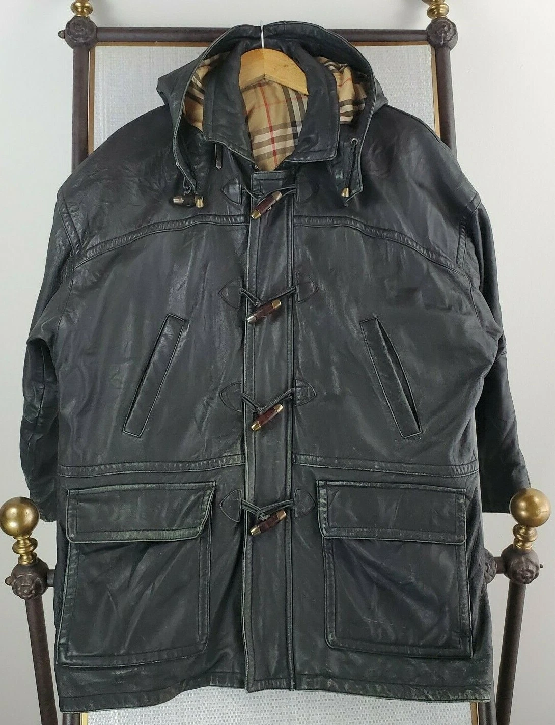 Raro cappotto vintage Burberrys England taglia grande da uomo in pelle con cappuccio e levetta