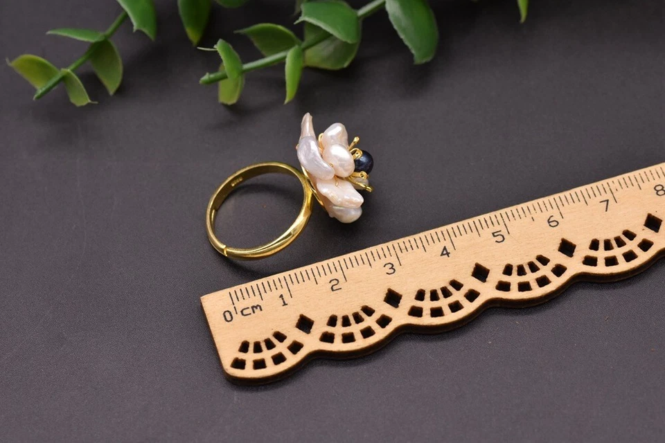 D17 Anello Fiore Di Perle Acqua Dolce E Lapislazzuli 925 Sterling Placcato Oro - Immagine 3 di 3