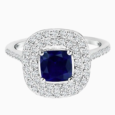 Cushion Blue Sapphire Double Halo Solitaire Accents Ring in 925 Sterling Silver