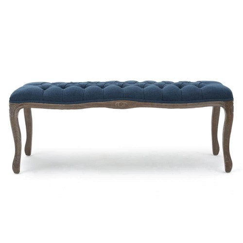 Noble House Bedroom Bench 17" W, Wood Frame Material In Natural + Blue Fabric - Picture 5 of 9