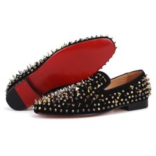 Men FERUCCI Black Velvet Slippers Loafers Flat Gold Spikes Rivet Wedding Prom