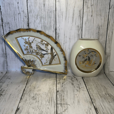 The Art of Chokin Engraved Bird Gold Rimmed Home Decor Fan and Vase