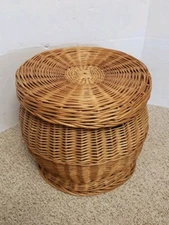 Vintage Wicker Laundry Basket Side Table Boho 12" Tall Plant Stand MCM Retro 