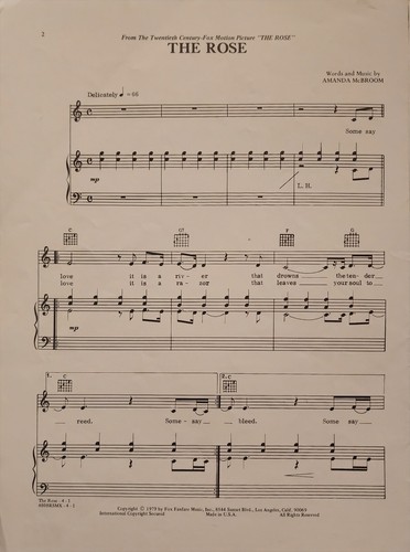 Bette Middler The Rose Piano Vocal Guitar Sheet Music Song d1 - Picture 2 of 3
