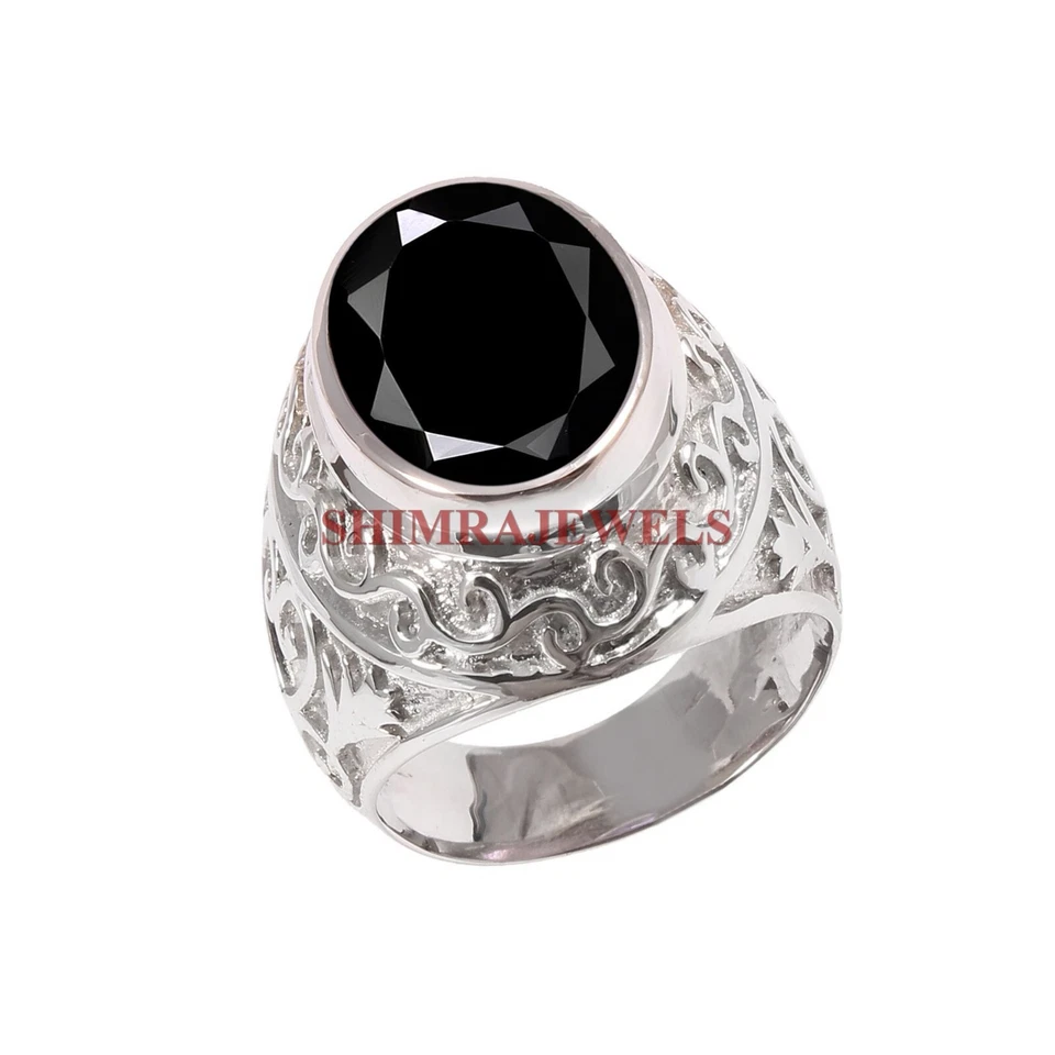 Piedra preciosa de ónix negro natural con anillo de plata enchapado en oro blanco de 18k para hombre #1749 Foto 2 de 4