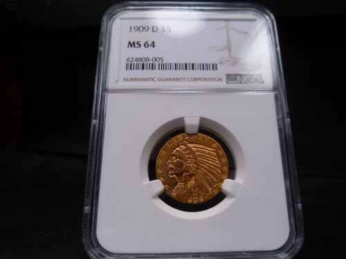 1909-D MS64 $5 Indian Gold Half Eagle NGC Certified - Bright/Pastel Hues/PQ