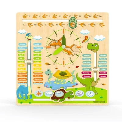 2. WAHL! WoodyWood® Holz Kalenderuhr Dino Kinder Englisch-Deutsch !B-WARE!