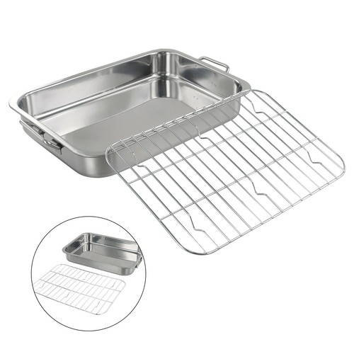 Stainless Steel Deep Roasting Tray Oven Pan Grill Rack Baking Roaster Tin Tray - Picture 3 of 72