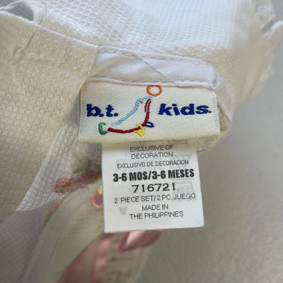 B.t. Kids Baby Girl Romper 3-6M Embroidered Flowers Eyelet Lace White Pink Ribbo - Image 4 of 4