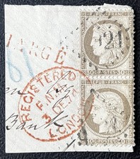 Timbre France Classique paire du N°56 30c brun, obl GC + cad de Londre TB.