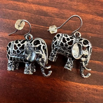 Silver Tone 3D Filigree Elephant Dangle Earrings Wire Hook Boho Cute Animals - Image 1 of 4
