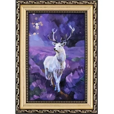 Original Oil Painting White Deer Fantasy Landscape Framed Impasto Art 4x6