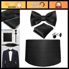 Adjustable Solid Color Cummerbund Bow Tie Set for Men with Cufflinks Pocket