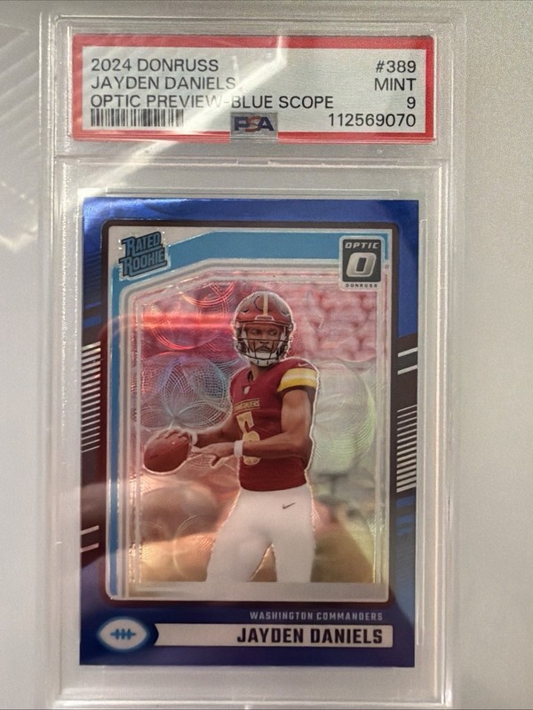 2024 Panini Donruss Rated Rookie Jayden Daniels Optic Preview Blue Scope PSA 9