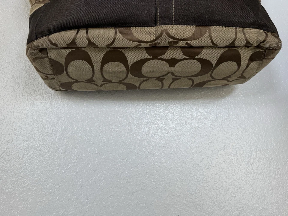 Bolso de Hombro Coach Signature Marrón Lona Cuero Borde Rayas Doble Asa Foto 2 de 4