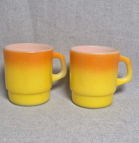 Lot of 2 Anchor Hocking Fire King Mug Orange Yellow Ombre Stacking Vintage 1960s