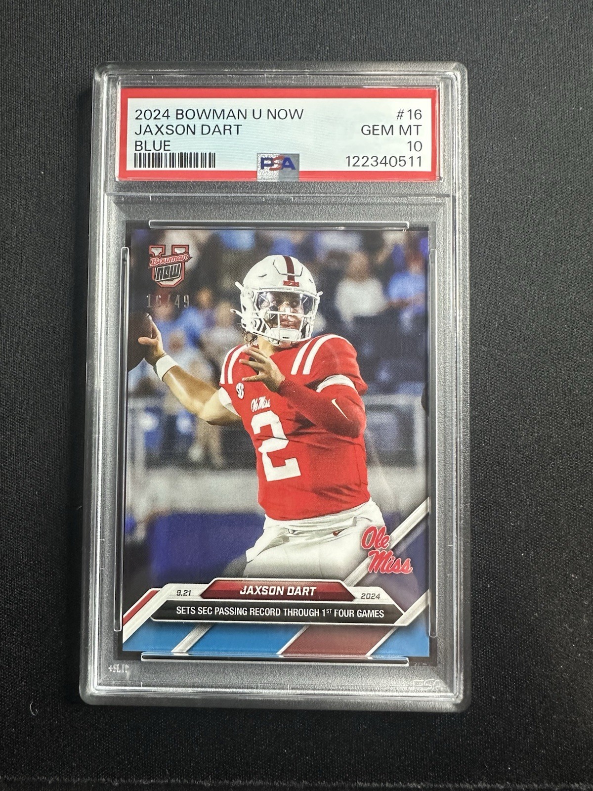 2024 Bowman U Now Jaxson Dart Blue /49 Rookie PSA 10 POP 13