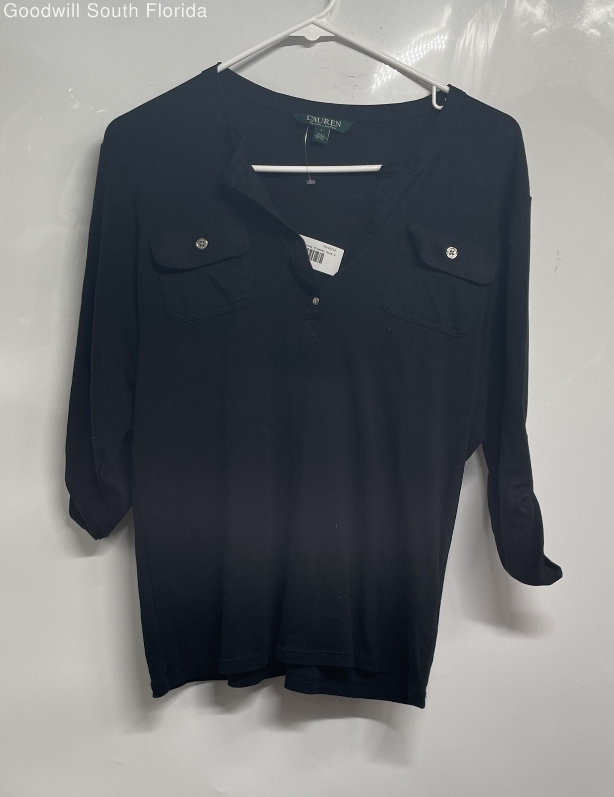 Lauren Ralph Lauren Womens Black Long Sleeve Henley Neck Blouse Top Size Large