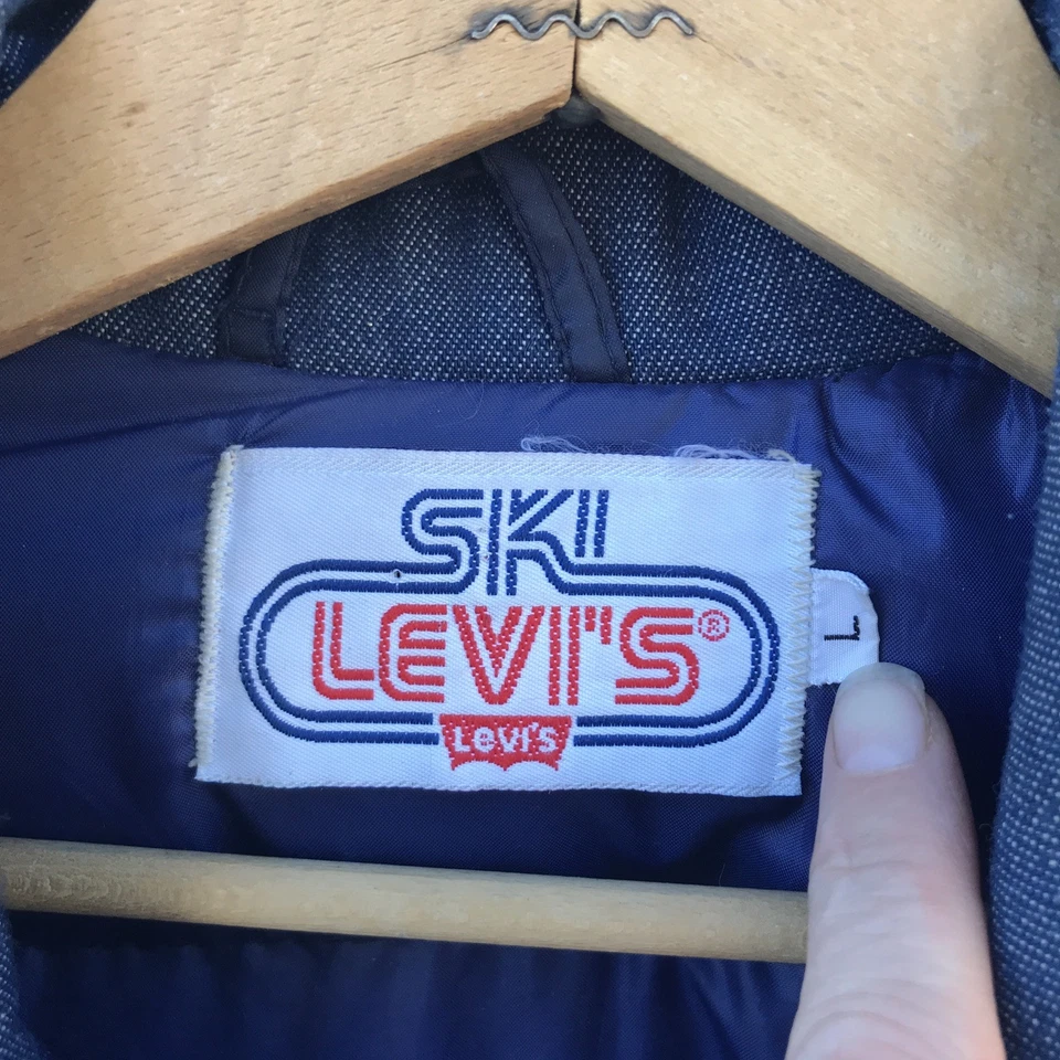 Chaqueta acolchada de plumón de ganso de mezclilla Levi's Ski vintage de los años 70 con lengüeta naranja talla grande RARA Foto 3 de 4
