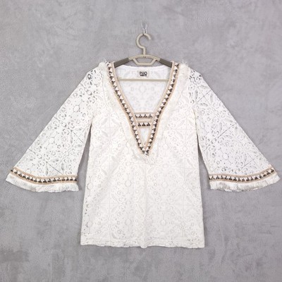 PHO Firenze Lace Tunic Top Womens XS White Sequin Fringe Bell Sleeve Boho