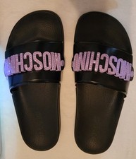 MOSCHINO Metal Logo With Crystals Pool Slide Sandals 40/8.5