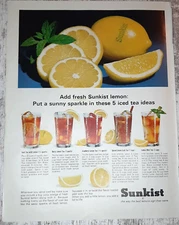 1965 Sunkist Vintage Print Ad Lemon Slice Wedge Iced Tea Recipes Fresh Squeeze