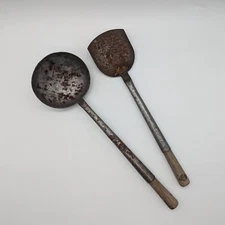 VTG Hand Forged Metal Wok Tools W/Wood Rustic handle top