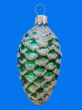 GREEN SILVER PINE CONE EUROPEAN BLOWN GLASS CHRISTMAS TREE ORNAMENT DECORATION