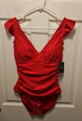 Ellen Tracy Ribbed One-Piece Flutter Sleeve Magenta Swimsuit Size 8 NWT  