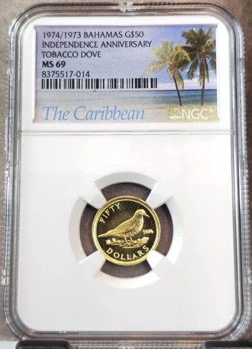 1974 BAHAMAS GOLD 50 DOLLARS INDEPENDENCE TOBACCO DOVE NGC MS 69 RARE TOP POP