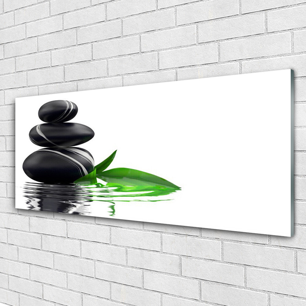 Tableau impression sur verre 125x50 cm motif art pierres et feuilles eau pour salon
