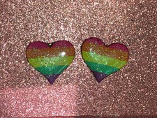 2 Heart Shaped Glittered Rainbow Jibbitz Charms For Crocs, Handbag, Bracelet