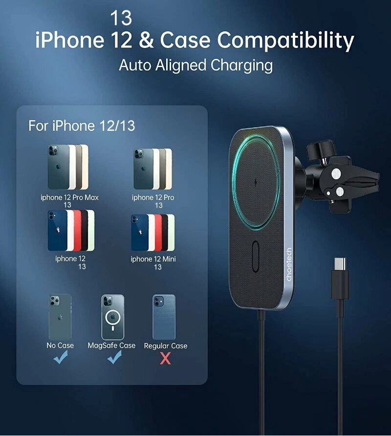 Choetech 15W MagSafe Magnético RÁPIDO Inalámbrico Cargador Coche Soporte iPhone 15 14 13 Foto 3 de 4