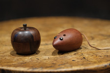 Vintage Wooden Apple Trinket Box & Scandinavian Style Mouse Figure Treen Pair