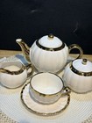 White Porcelain Tea Set Gold Trim Boxed Teapot Cups Saucers Creamer Sugar — photo 2