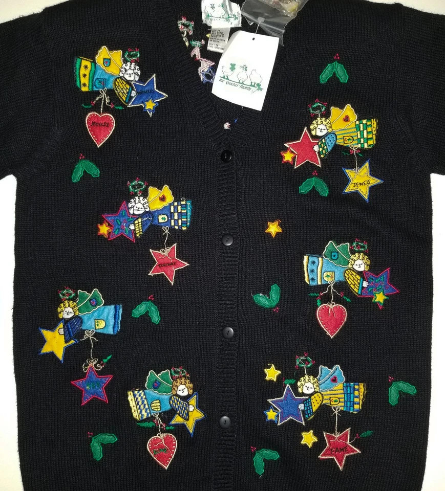 The QUACKER FACTORY Cardigan Sweater NEW Black Embroidered Angel Wishes NWT Sm - Image 3 of 4