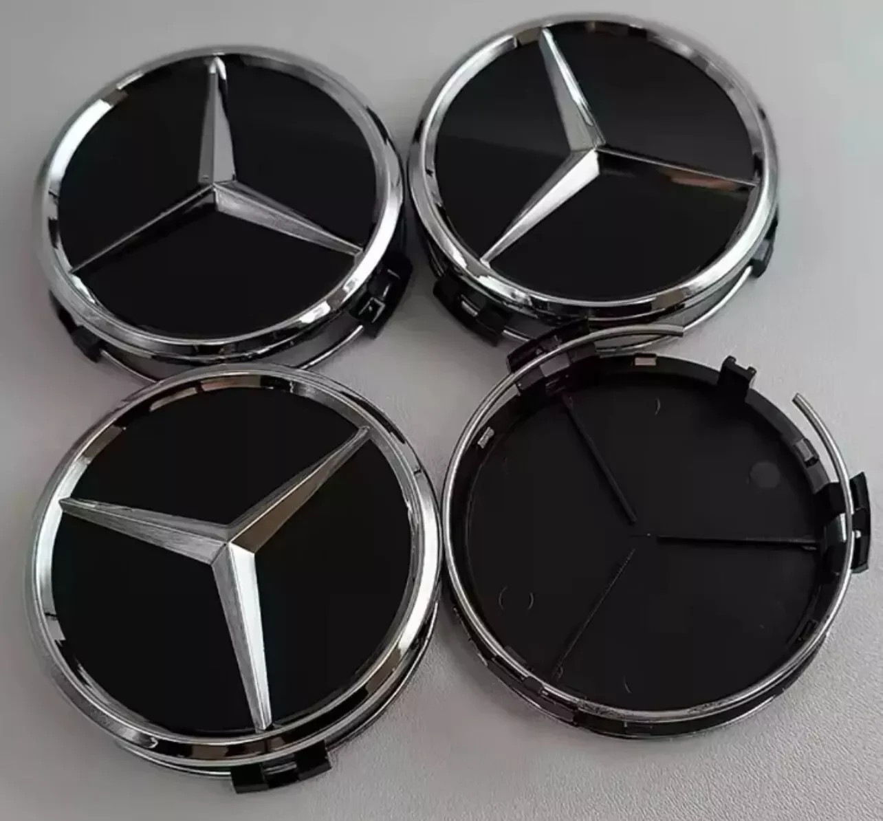 4 x Black Mercedes Benz 75mm Alloy Wheel Centre Caps AMG A B C E S M ...