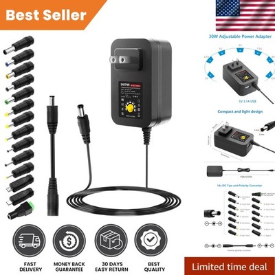 Universal 30W AC/DC Adapter with 14 Tips & USB Port - Ideal for Home & Travel