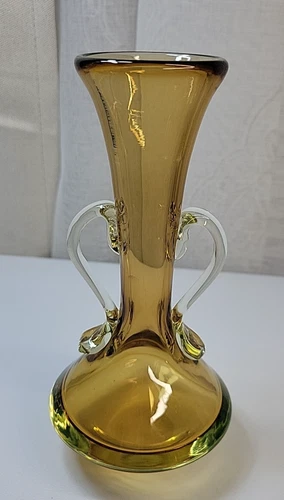 Murano? VTG Amber & Clear Art Glass 7" Bud Vase w/Applied Handles