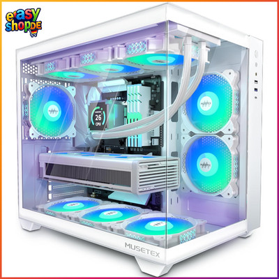 PC Gehäuse ATX Mid Tower Reinweiß 6 PWM ARGB Lüfter 270° Sichtfenster 360mm Rad